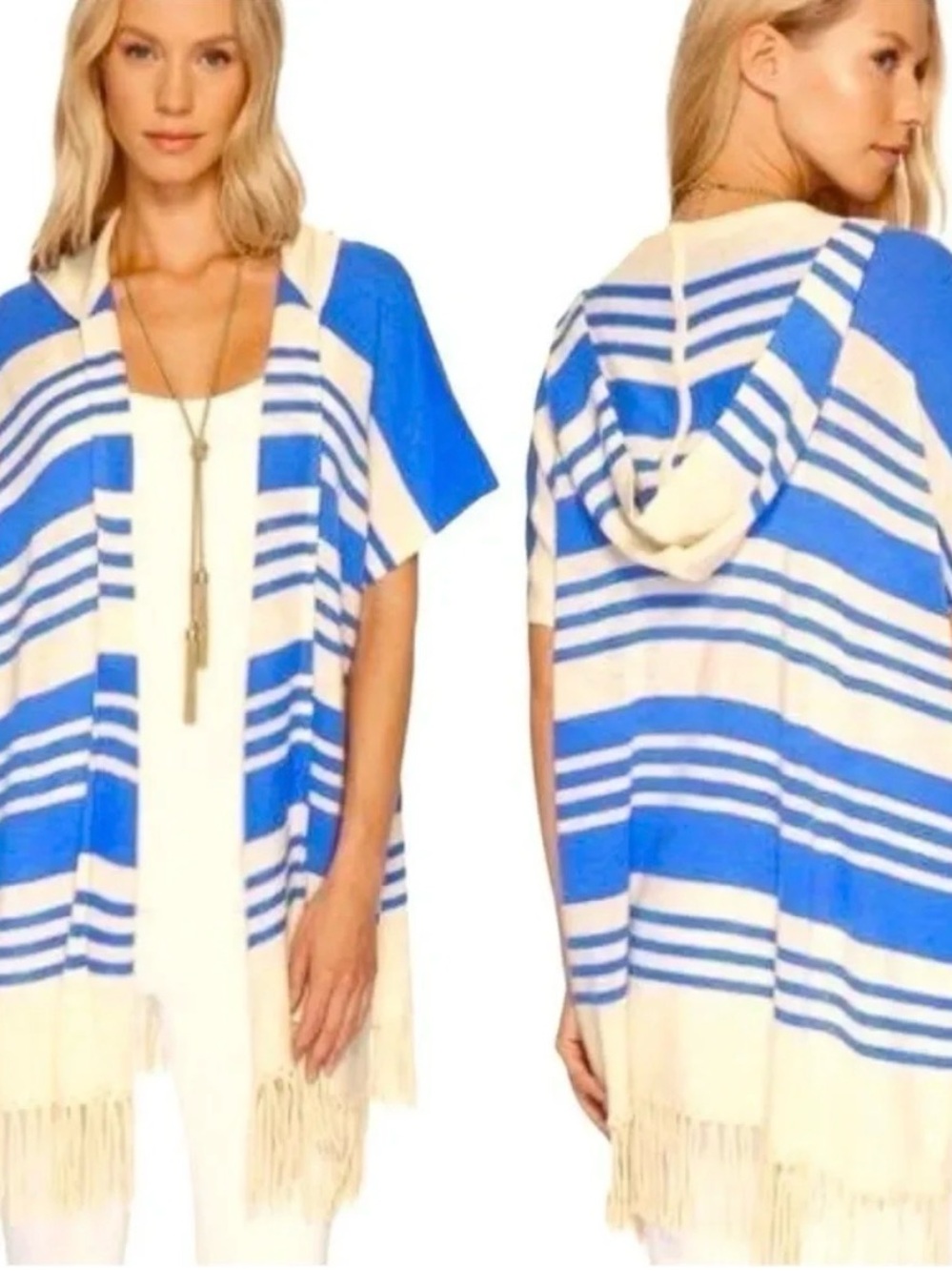 Lilly Pulitzer Avion Cashmere Blue and Cream Striped Hooded Fringe Poncho